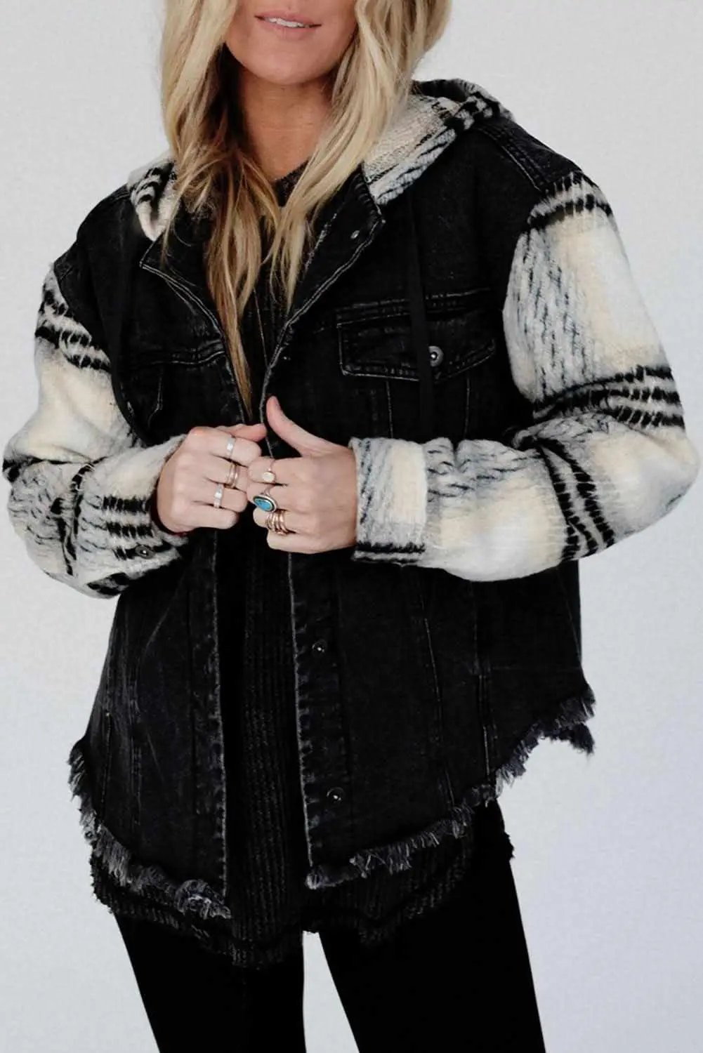 Black Plaid Sleeve Frayed Hem Hooded Denim Jacket - Love Salve
